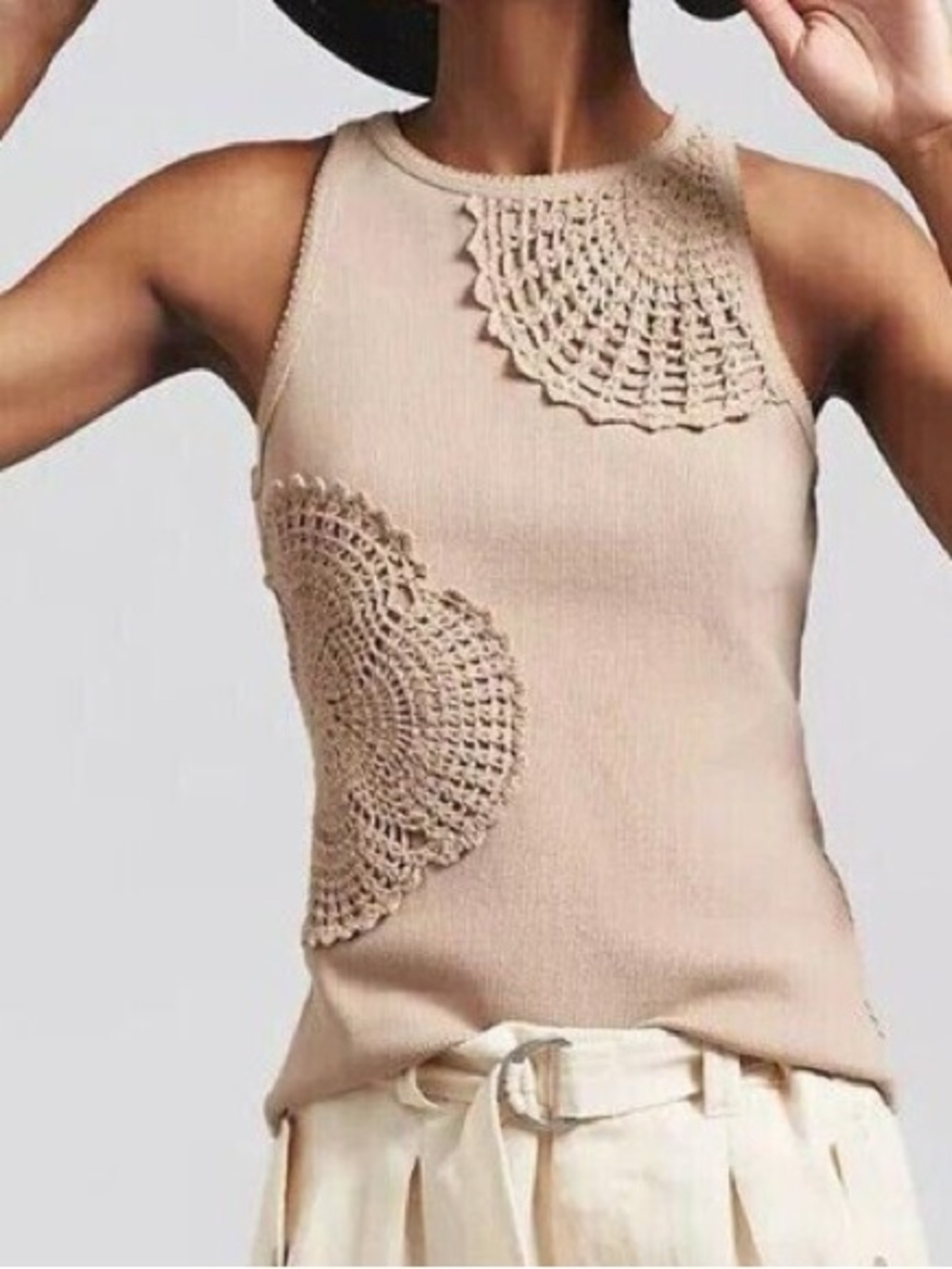 Anthropologie Crochet Appliqué Ribbed Neutral Beige Boho Sleeveless Tank Top - Picture 1 of 11